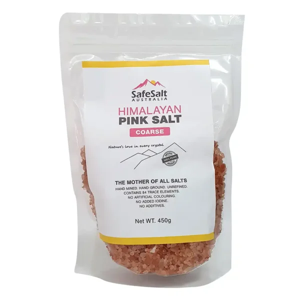 himalayan-salt-coarse-450g-front front label of pink himalayan coarse salt in a 450g bag