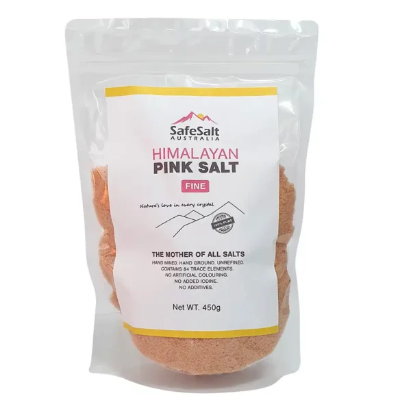 himalayan-salt-fine-450g-front front label of pink himalayan fine salt in a 450g bag