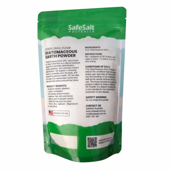 Diatomaceous earth food grade powder back label Diatomaceous Earth Food Grade Powder in a pouch