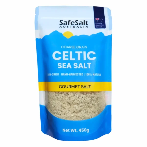 Celtic sea salt coarse grain in 450g pouch. By SafeSalt Australia