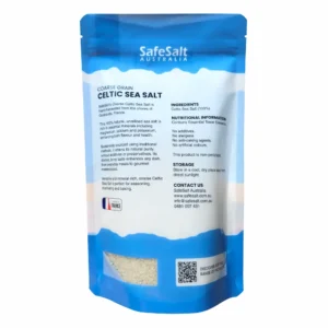 celtic sea salt coarse sel gris 450g back Celtic sea salt coarse size in 450g pouch showing back label. By SafeSalt Australia