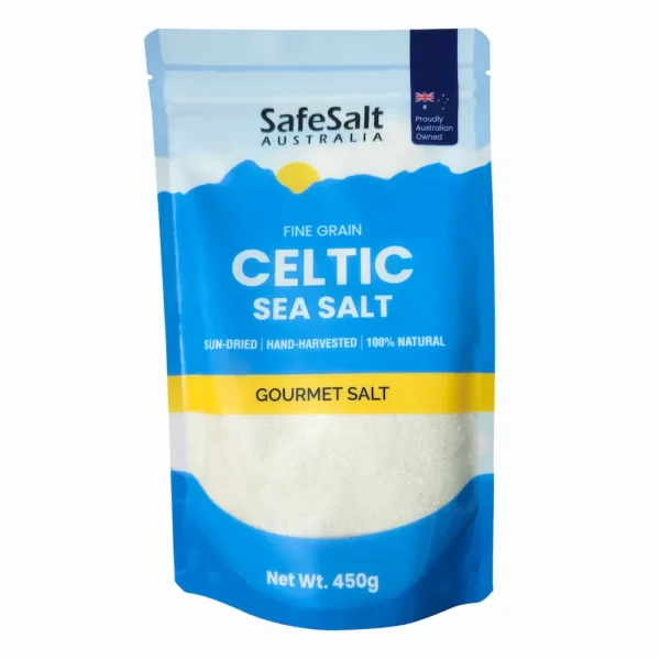 Celtic sea salt fine grain in 450g pouch. By SafeSalt Australia