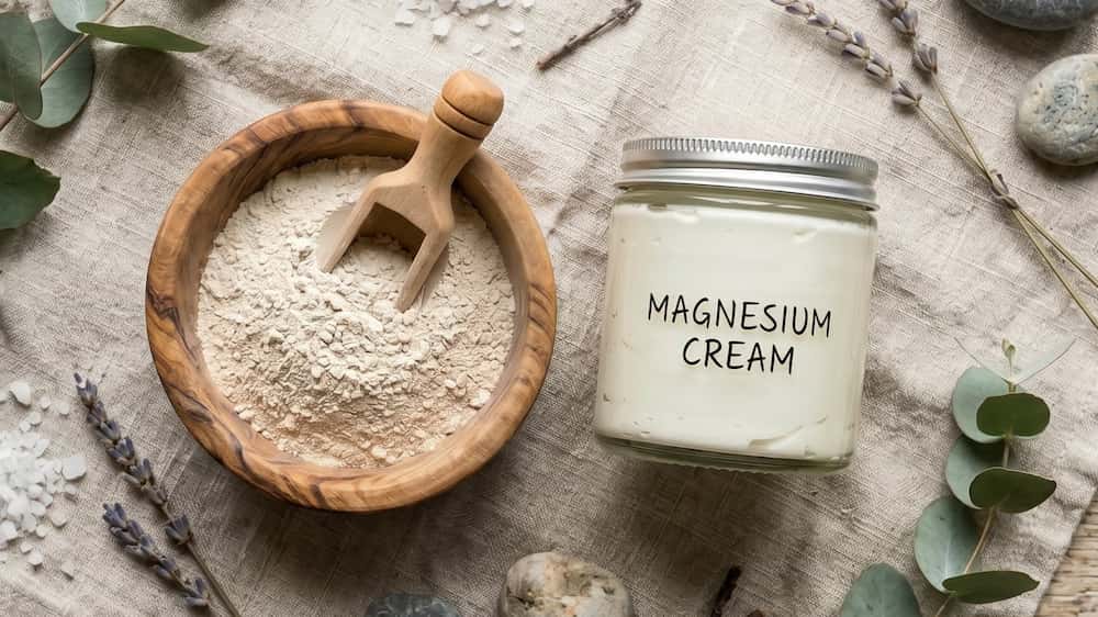 zeolite powder in a bowl and wooden spoon together with a magnesium cream jar on a cloth