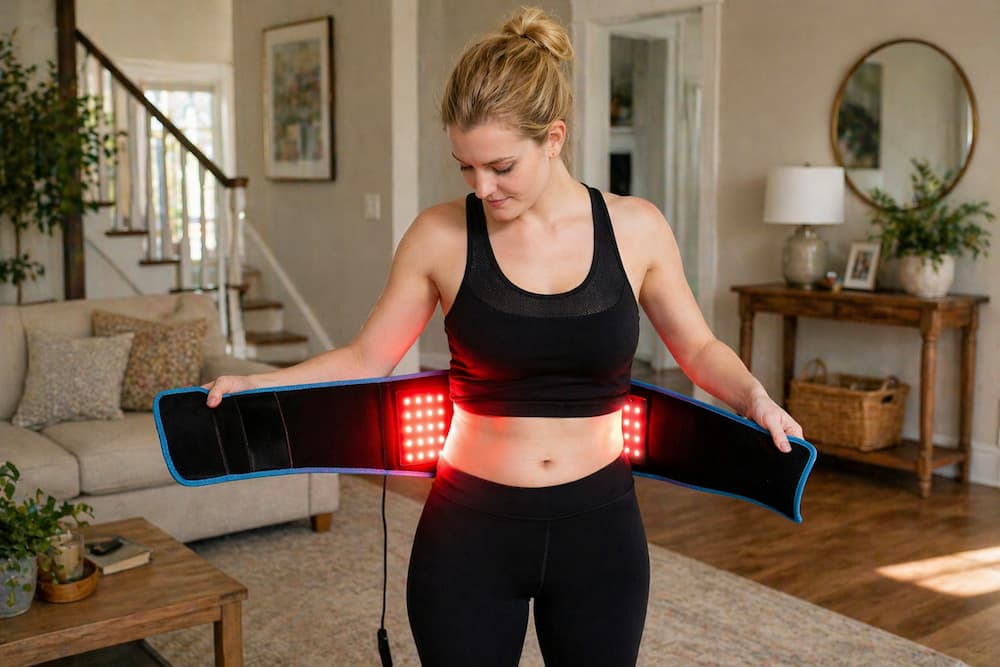 woman wearing red light belt at home
