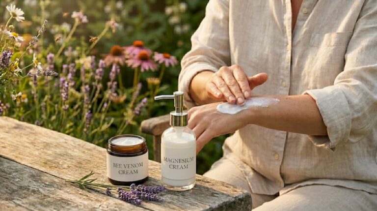 woman using bee venom cream and magnesium chloride cream